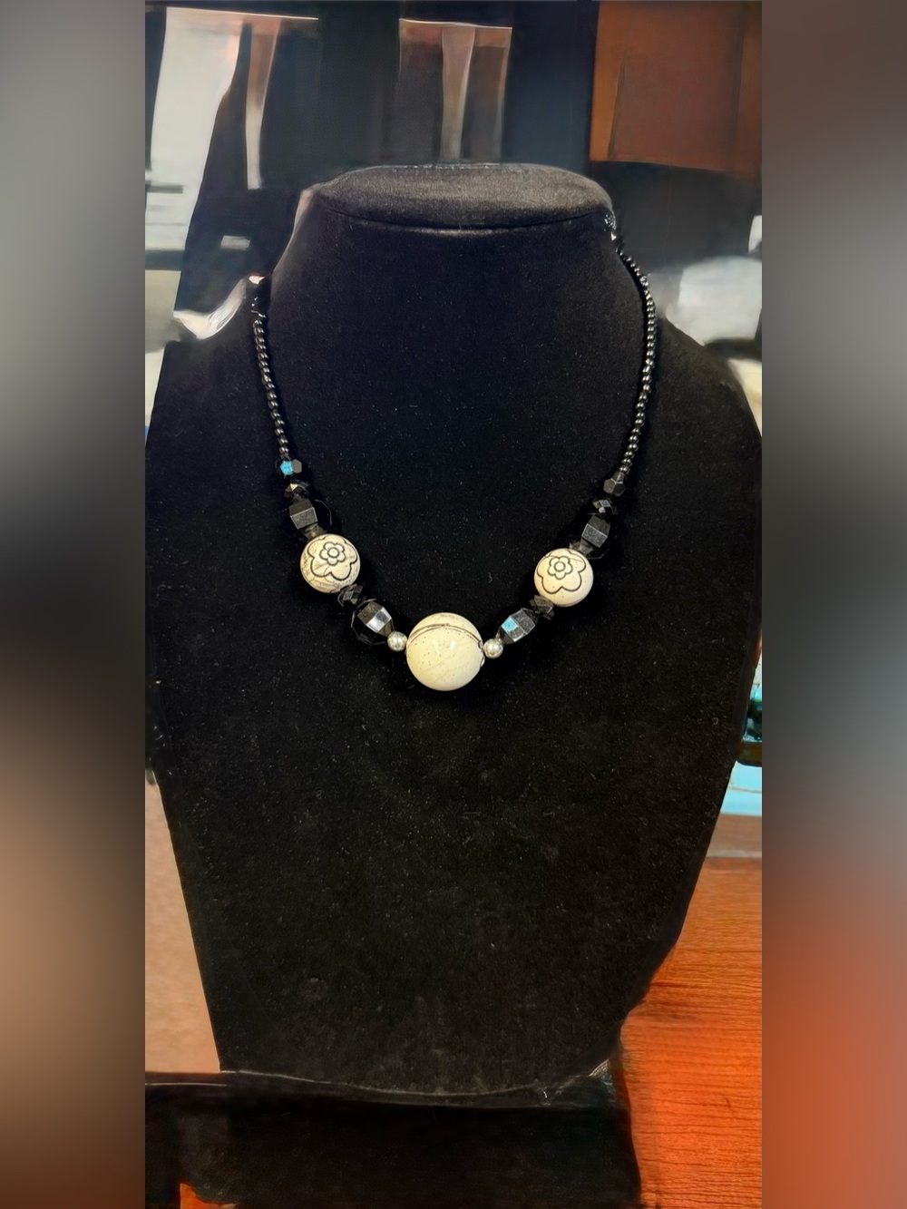 Handcrafted Black and Cream Beaded Floral Necklace